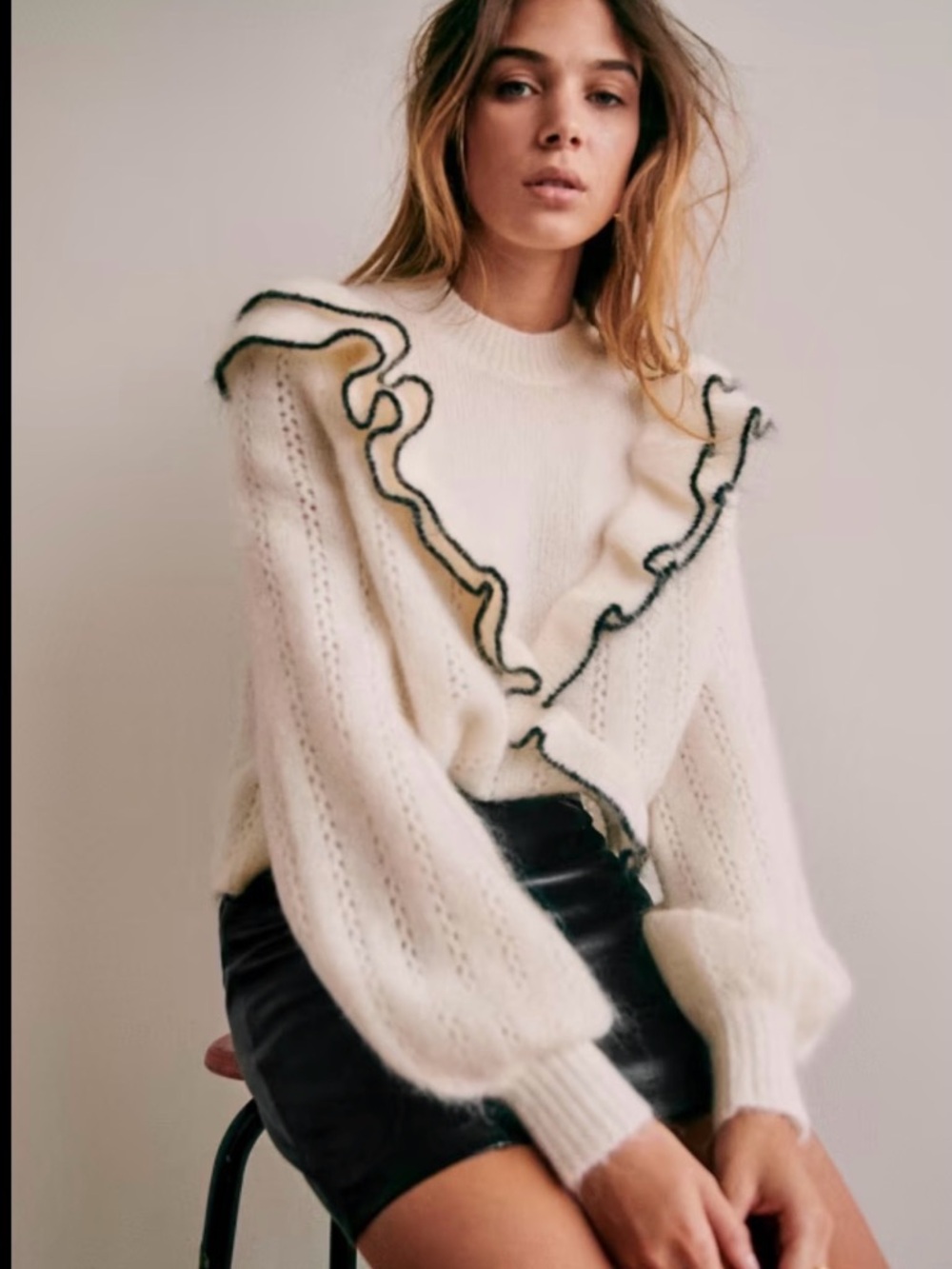 Sezane Sézane Rita Cream Ivory White Ruffle-Trim Crewneck Sweater